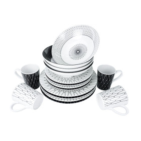 Set vaisselle Black-White 16 pièces CAMP4 - vaisselle en mélamine pour camping-car pour 4 personnes.