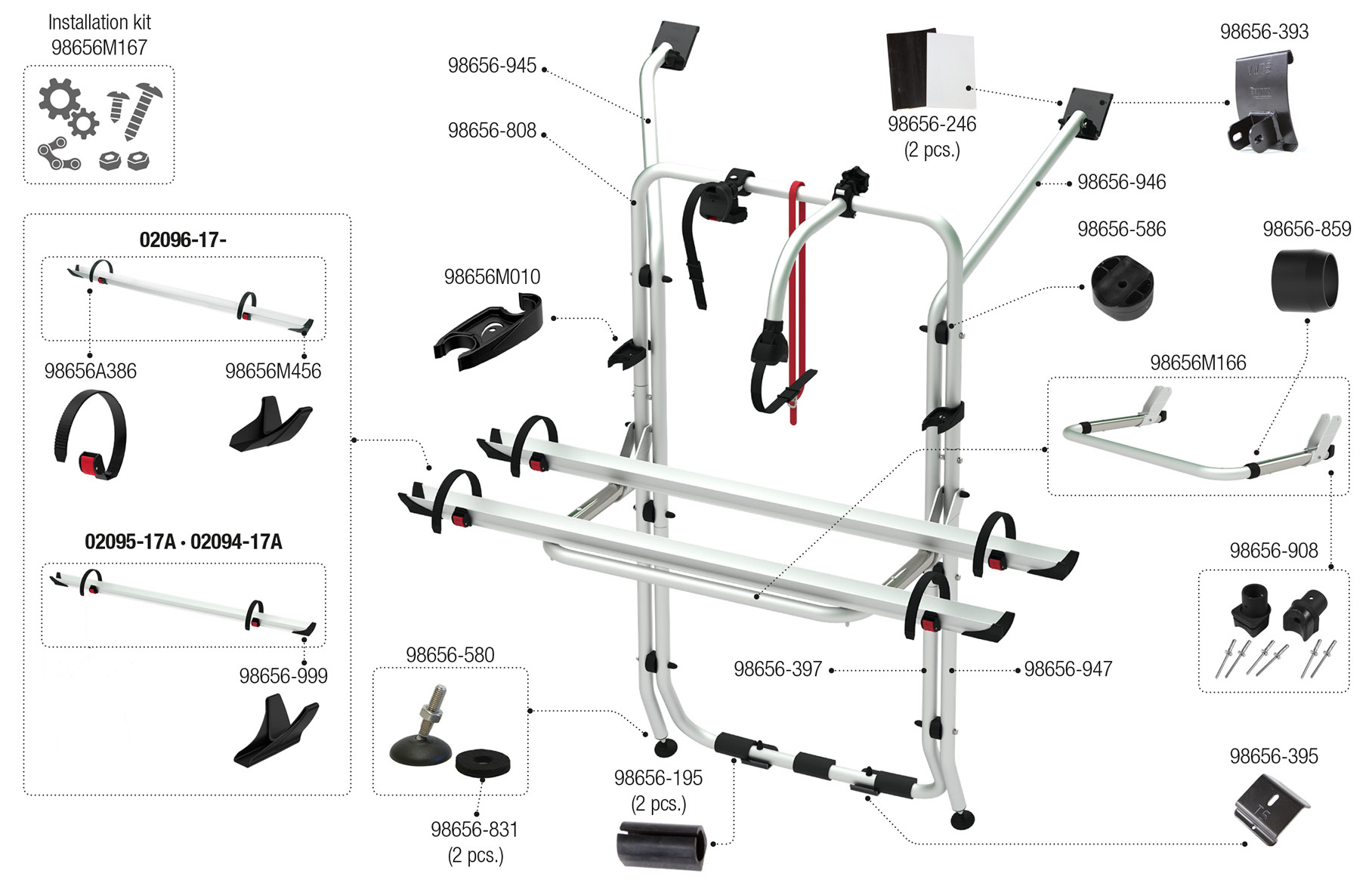 Eclaté avec pièces détachées du porte-vélos Carry Bike VW T5 van aménagé