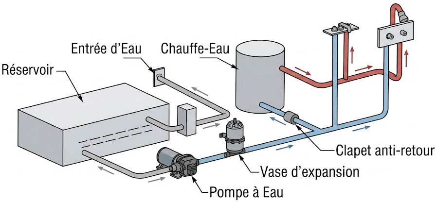 Schéma de circuit d'eau en bateau et VDL avec réservoir, pompe, vase d'expansion, chauffe-eau et robinets