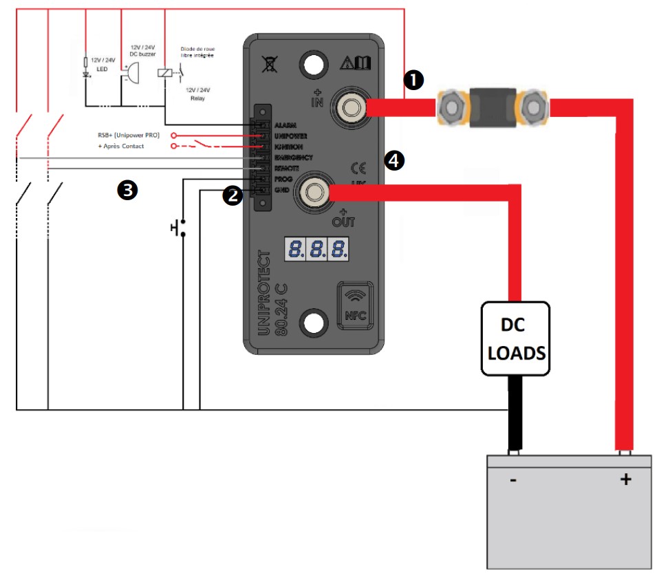 Batterie Protect Uniteck Uniprotect 80.24 C de 80 A | Protection basse et haute tension | Schéma de branchement